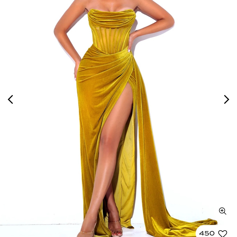 Yellow Strapless Gown with High Slit